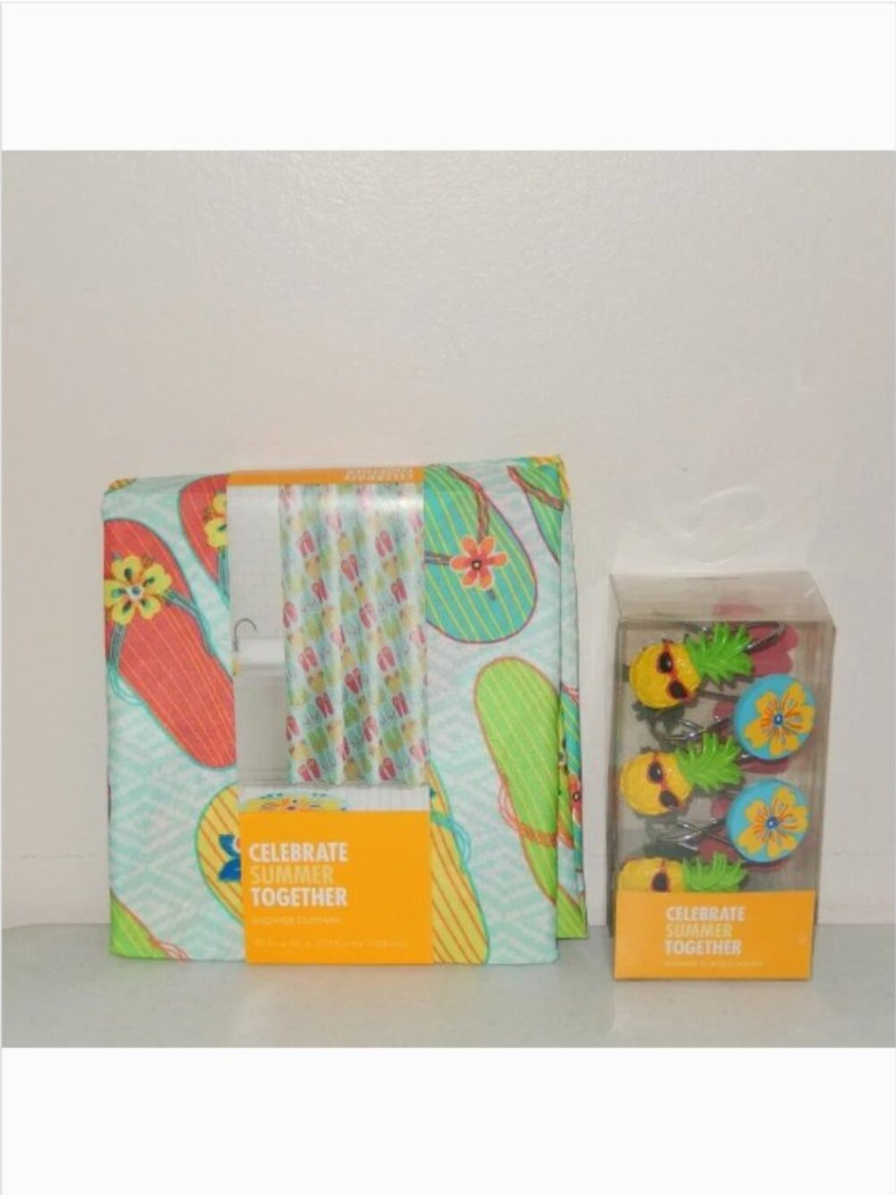 New Shower Curtain with Hooks Celebrate Summer Together Flip Flop Bright NWT